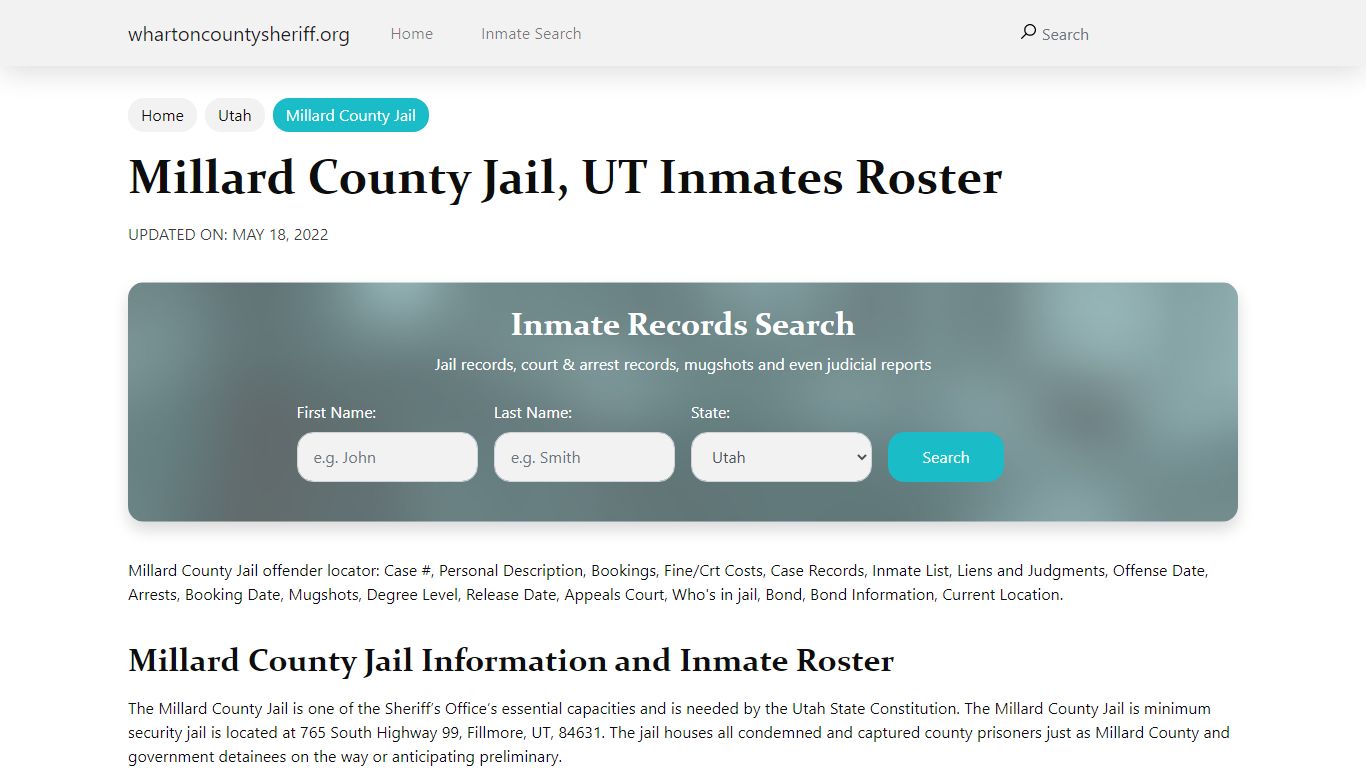 Millard County Jail, UT Jail Roster, Name Search